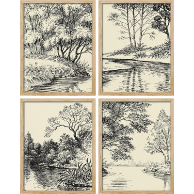 Duotone Storybook Forest Tree Landscape, impression encadrée sur papier, 4 pièces