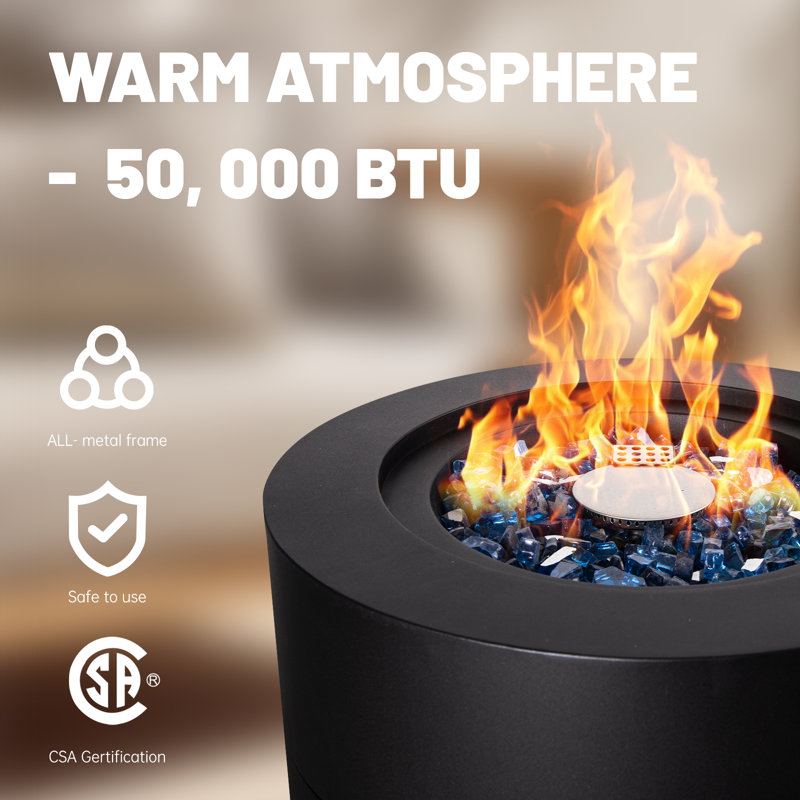 Propane Fire Column, 50,000 Btu Outside Gas Fire Pit With Glass Wind Guard, Glass Rocks For Outside Patio, Garden, Backyard