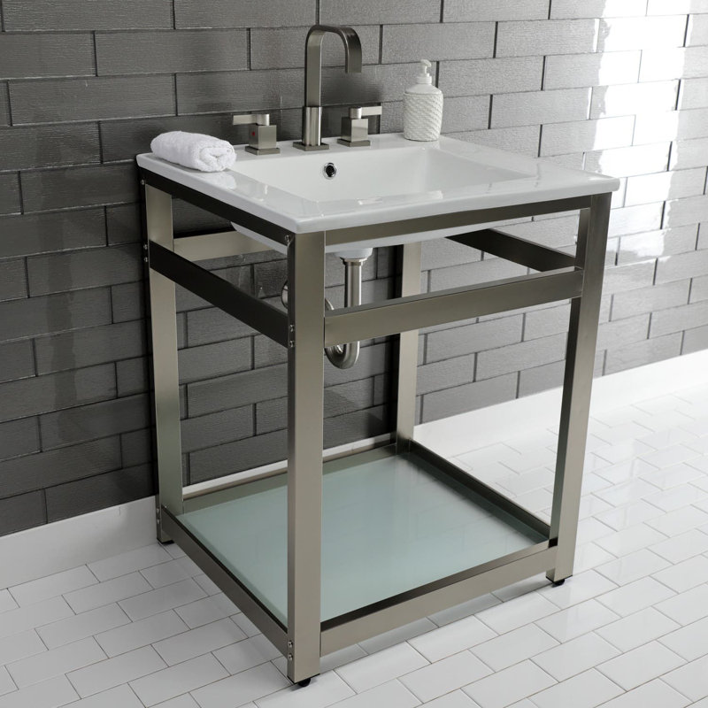 Quadras Ceramic Rectangular Console Bathroom Sink with Overflow, White/Brushed Nickel, 8" Centers