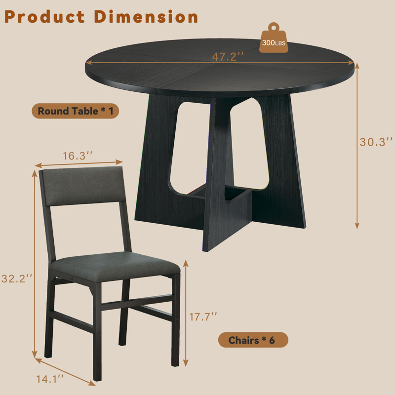 7-Piece Round Dining Table Set Black, Upholstered Chairs for 4-6
