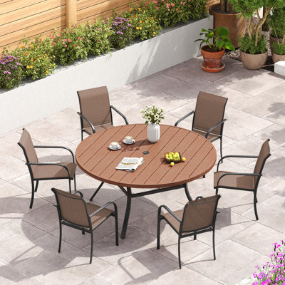 6-Person Patio Dining Set with 56" Round Faux Wood Dining Table and Textilene Armrest Chairs