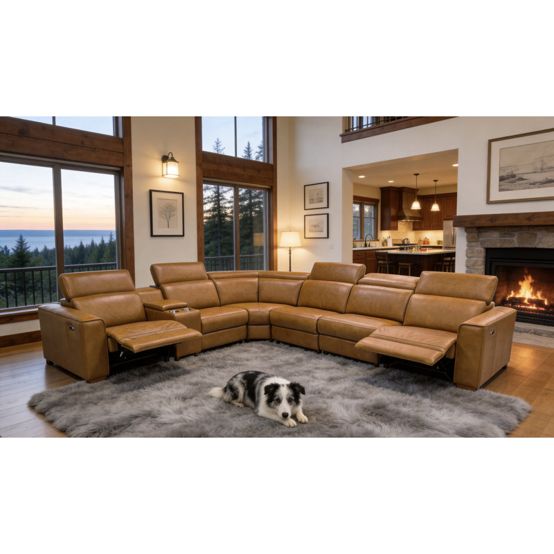 Blufftedale Top-Grain Leather Reclining Modular Sectional, Ginger Top Grain Leather