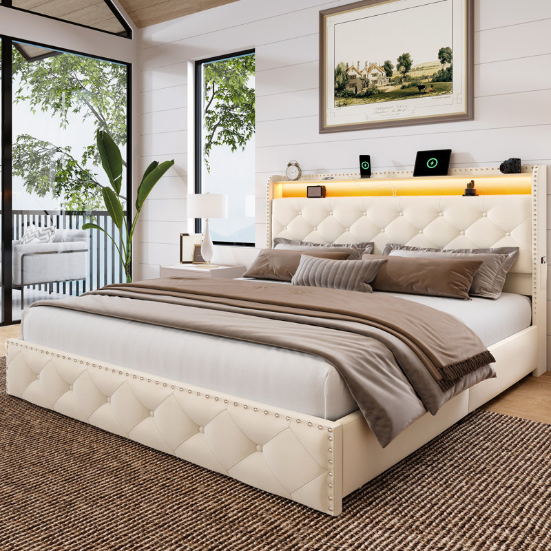 Upholstered Platform Bed with 4 Storage Drawers, Velvet Queen Size Bed with Storage Shelf Headboard&Charging Station&Led Lights, Beige