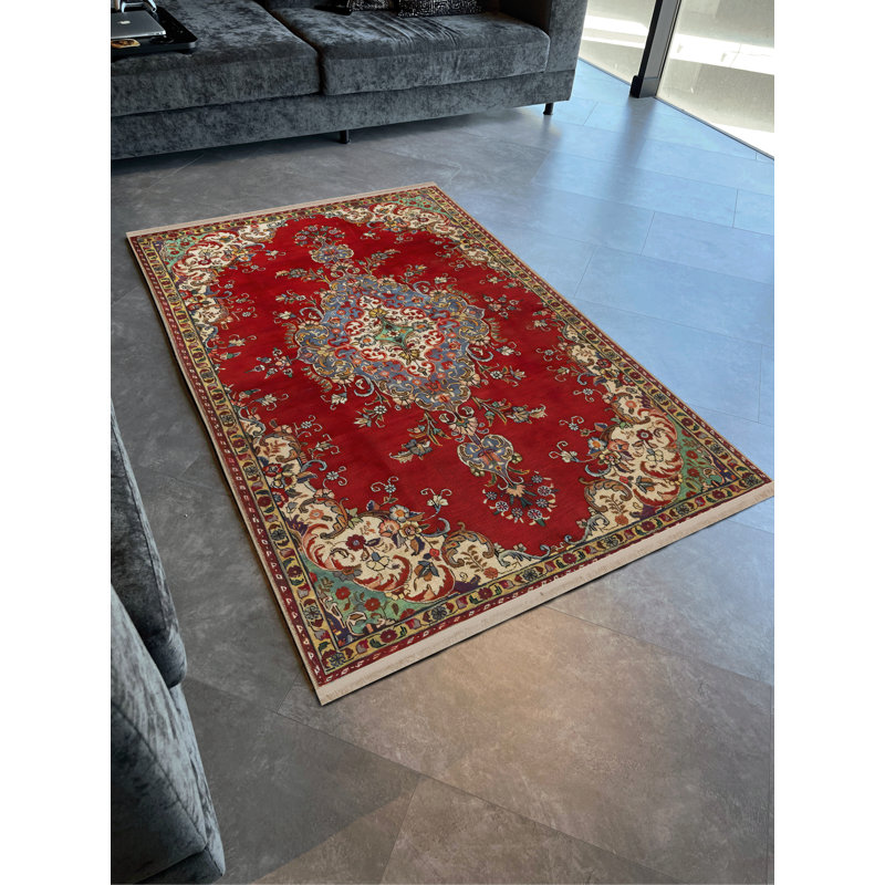 Tapis décoratif rouge à motif rétro et motif à franges, Tapis de couloir 3 pi 3,37 po x 6 pi 6,74 po