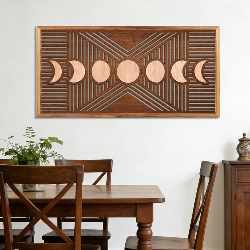 Moon Phase Celestial Wooden Wall Art Boho Geometric Hollowed-out Line Wall Decor Modern Minimalist Artwork Wall Sculpture For Bedroom Living Room Office 16x32inch