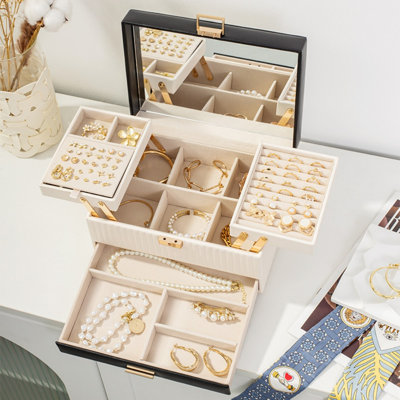 Boîte à bijoux pour filles, étui de rangement en cuir PU avec miroir et poignée portative, organisateurs de bijoux à 3 couches pour colliers