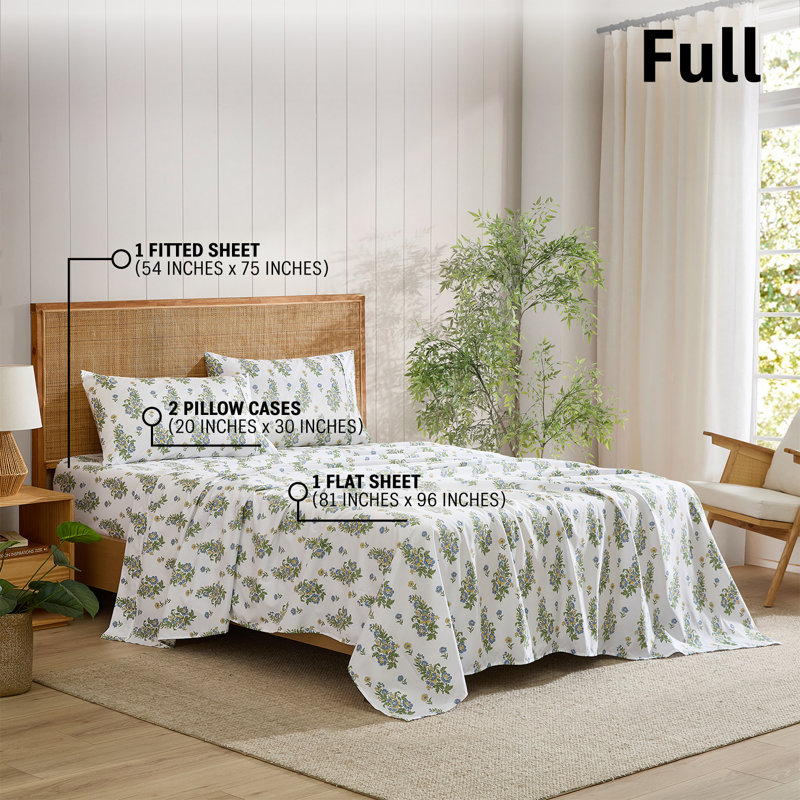 HLC.ME Color Block Printed Floral Bed Sheets - 4 Piece Patterned Bed Sheet Set - Wrinkle Resistant & Soft - Fits Mattresses Up To 15 Inches Deep (Full, Blue)
