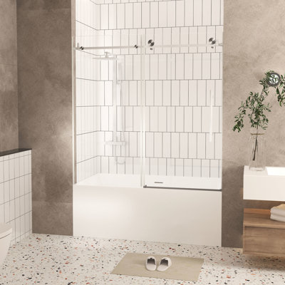 Porte de douche de 56 à 60 po de largeur, verre trempé épais de 6 mm, film de protection, guidon en acier inoxydable corrosif, grandes roues d'aspect nickel brossé pour un mouvement silencieux l x H, revêtement transparent de 1/4 po