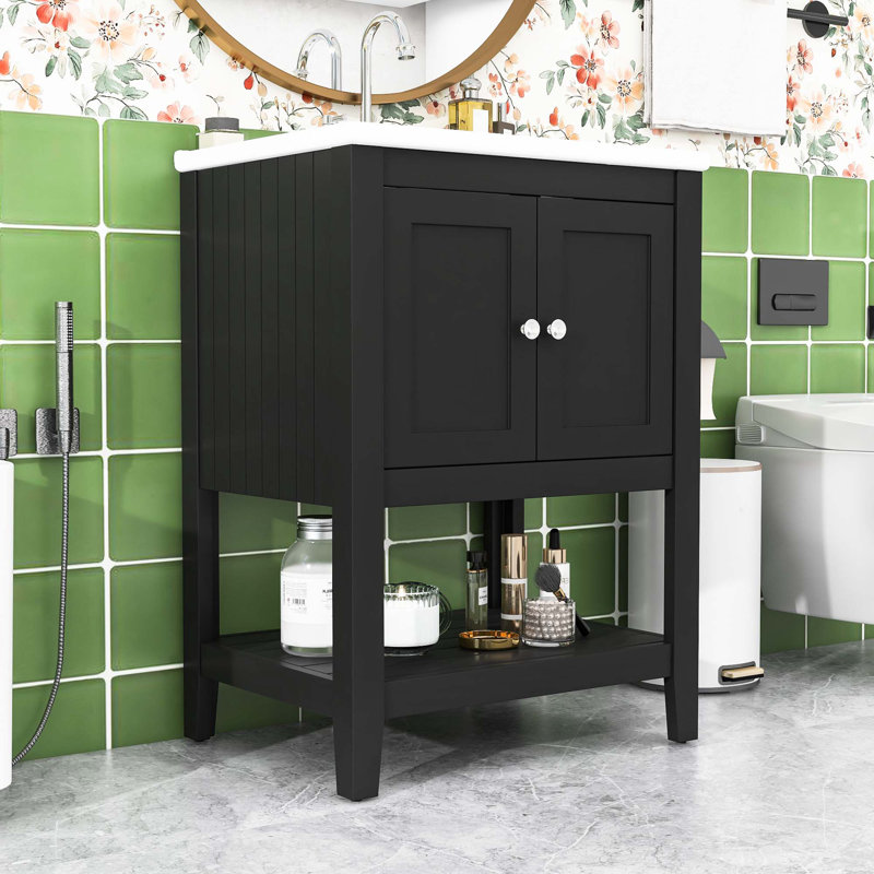 Meuble-lavabo simple contemporain en bois avec lavabo en céramique Semilune, tablette ouverte et grand rangement, Noir