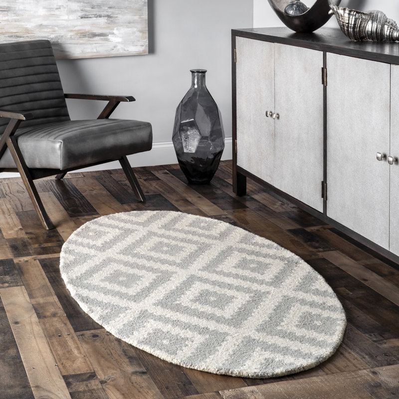 Tapis gris clair en laine touffeté géométrique fait main Jaunuta, Ovale 9 pi x 12 pi