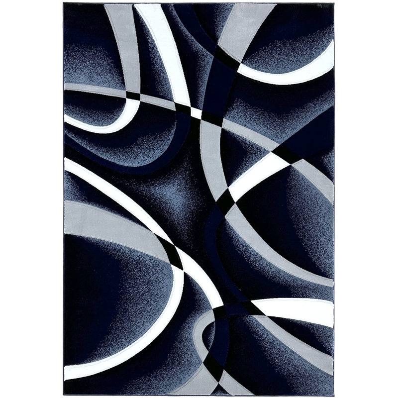 Mccampbell Abstract Area Rug, Rectangle 2' x 8', Navy Blue/White/Gray