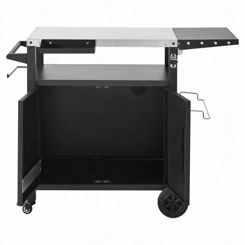 Outdoor Grill Cart with Storage Cabinet, Outdoor Metal Kitchen Island with Foldable Table, Pizza Oven Table with Wheels & Stainless Steel Top & Hooks & Spice Rack for BBQ,Waterproof Cover Included