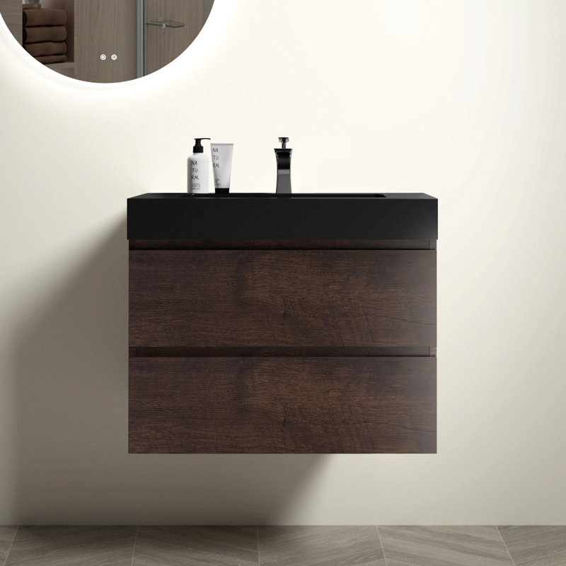 Meuble-lavabo mural de 30 po en noyer avec lavabo, grand meuble-lavabo flottant mural pour salle de bain moderne, lavabo une pièce noir sans drain ni robinet, pré-assemblé