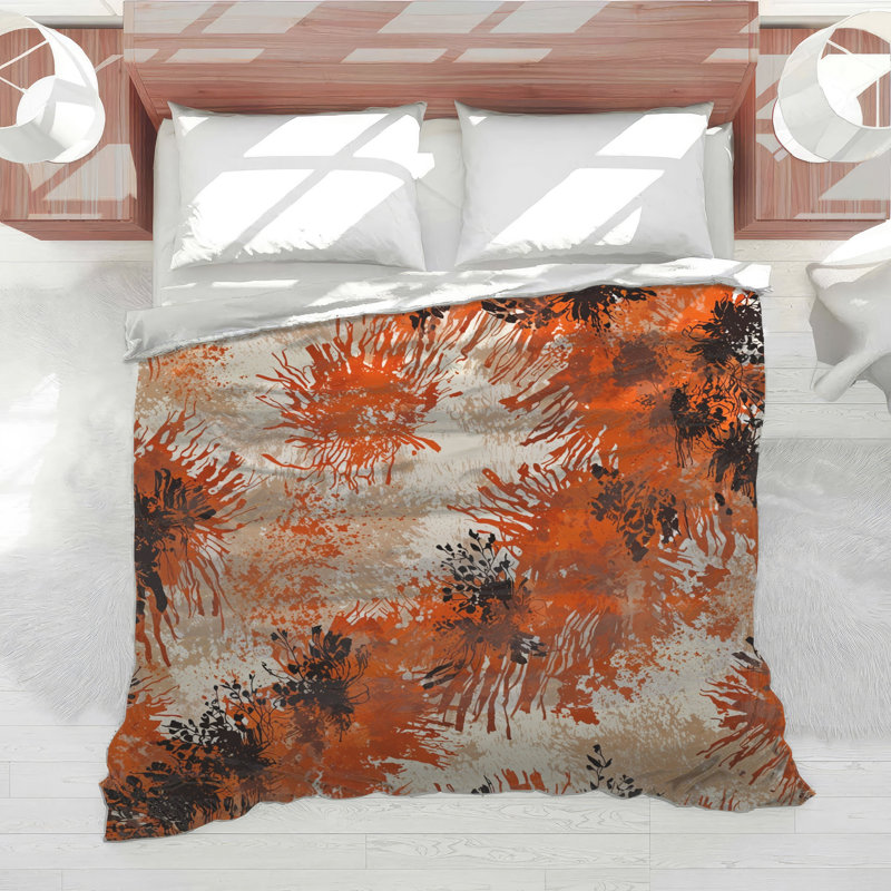 Édredon orange, beige et floral, Lit simple