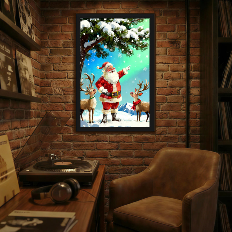 Noël père Noël avec renne dans la forêt enneigée, H 18 po x l 12 po