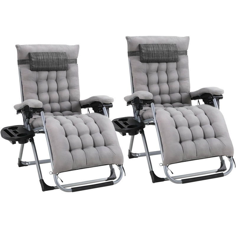 Set Of 2 Sun Loungers, Folding Garden Lounger, Widened With Cushion, Weatherproof, Adjustable Backrest, With Headrest, Drink Holder, Maximum Load 160 Kg, For Garden, Patio, Pool