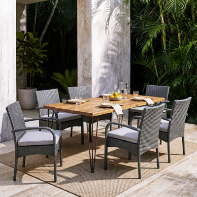 7-Piece Modern Rustic Industrial Acacia Wood And Metal Patio Dining Set With Cushioned PE Wicker Chairs