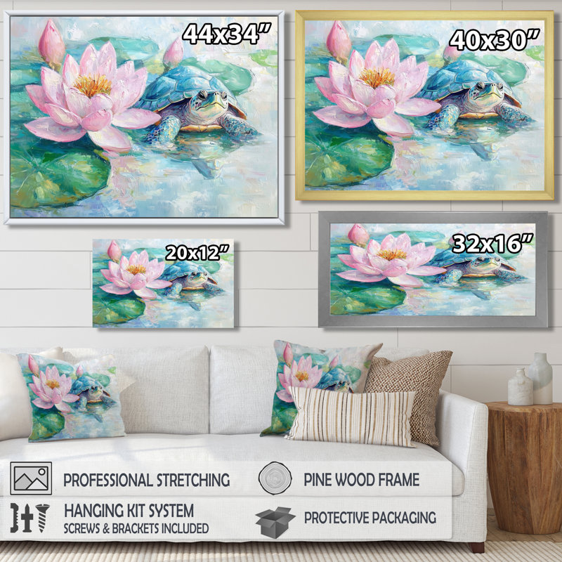 Tortue dans un nénuphar III - Tortue, reproduction d'art murale, H 16 po x l 32 po, Toile tendue, Ne s’applique pas