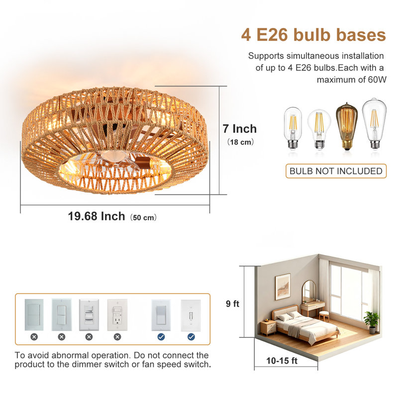 Ventilateur de plafond bohémien en cage de 20 pouces avec lumière, télécommande à 6 vitesses, moteur en cuivre pur silencieux, 4 douilles E26 (ampoules non incluses) et installation encastrée facile