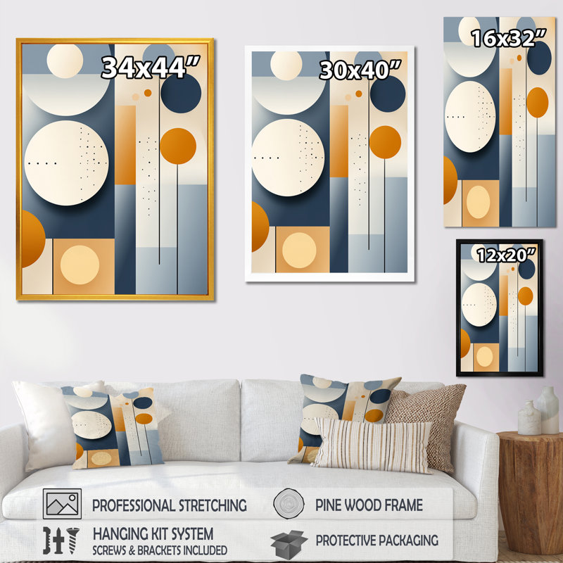 Graphique circulaire géométrique en jaune et bleu - imprimé, Cadre flottant doré, H 32 po x l 24 po x P 1 po