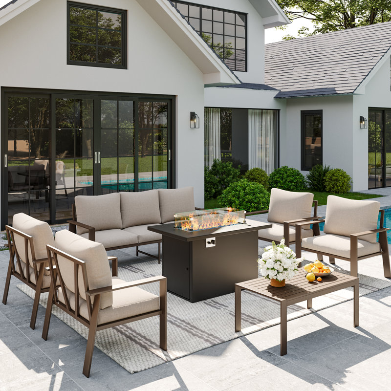  7-Person Outdoor Patio Furniture Set with FirePit – Rust-Resistant Aluminum Frame, Deep Seating Weatherproof Cushions, Beige