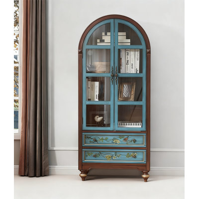 Vintage Arched-Top Blue Bookcase with Hand-Painted Floral Details