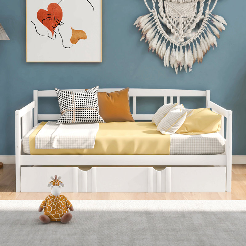 Lit de jour double en bois avec lit gigogne simple, Blanc