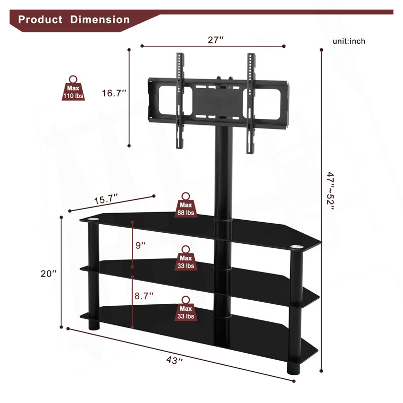 Black Multi-function TV Stand Height Adjustable Bracket Swivel 3-Tier