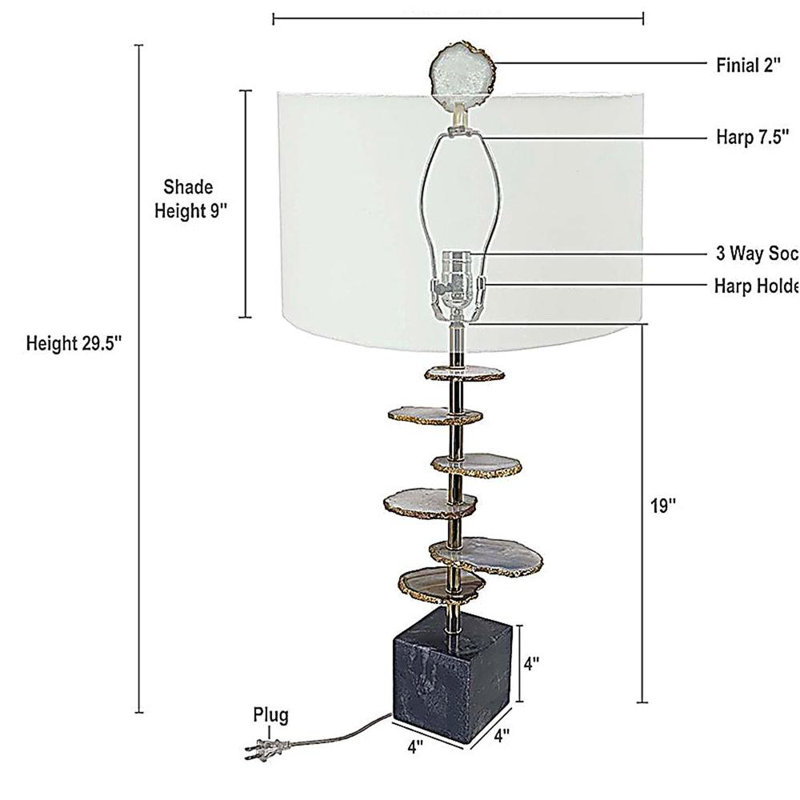 D14x29.5" Smoke Agate-Slice Table Lamp with Marble Base
