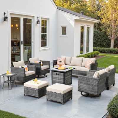 Harbin 7-Person Wicker/Rattan Patio Conversation Set With Cushions With Fire Pit