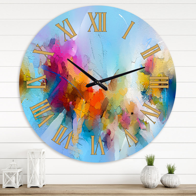Mauve jaune et bleu abstrait fleur compostion II - horloge murale de ferme, Médium