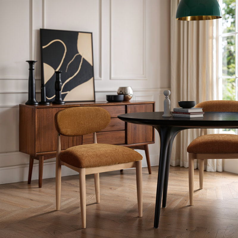 Eligah Performance Fabric Upholstered Dining Side Chair, Stained Natural / Brushed Brass, Cognac