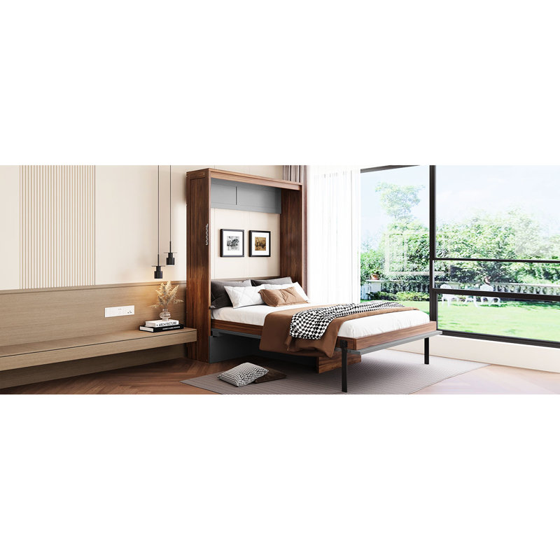 Lit double avec espace de travail intégré, finition grise, idéal pour les petits espaces locatifs, transition sans heurt entre le bureau pliable de productivité, esthétique, chambres d'amis convenables
