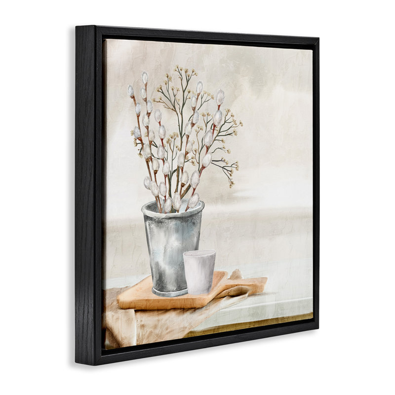 Art mural sur toile flottant, "Pussy Willow Still Life" par Ann Bailey, Cadre flottant noir de jais, H 18 po x l 18 po