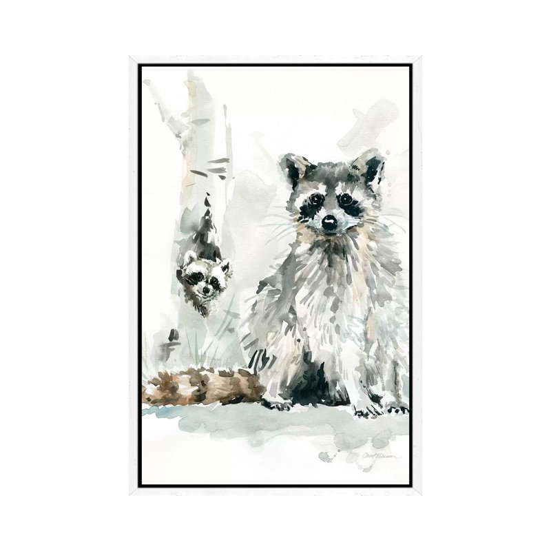 Raccoon and Baby 1 Piece Painting on Canvas, 101.6 cm H x 66.04 cm W, White Framed Canvas