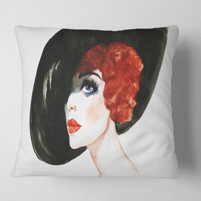 Tête de femme au chapeau Portrait de femme, housse de coussin carré et insert