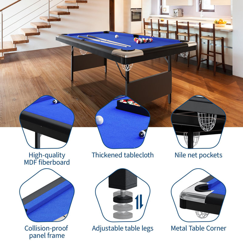 Ensemble de table de billard et de billard pliable portatif bleu 85 pouces avec ensemble d'accessoires idéal pour la salle de jeux familiale ou la salle de jeux pour adultes
