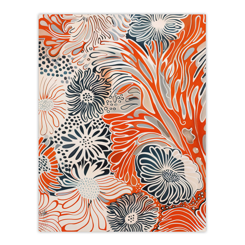 Floral Line Pattern Orange Bright Design Wall Art Print