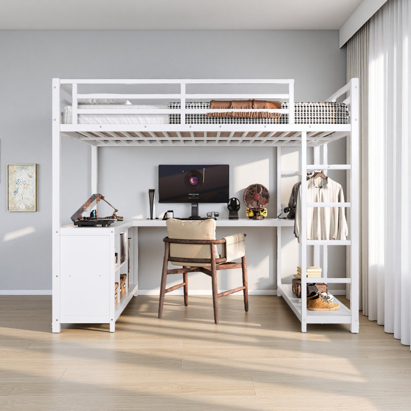 Lit mezzanine en métal avec garde-robe et bureau en L, Lit double