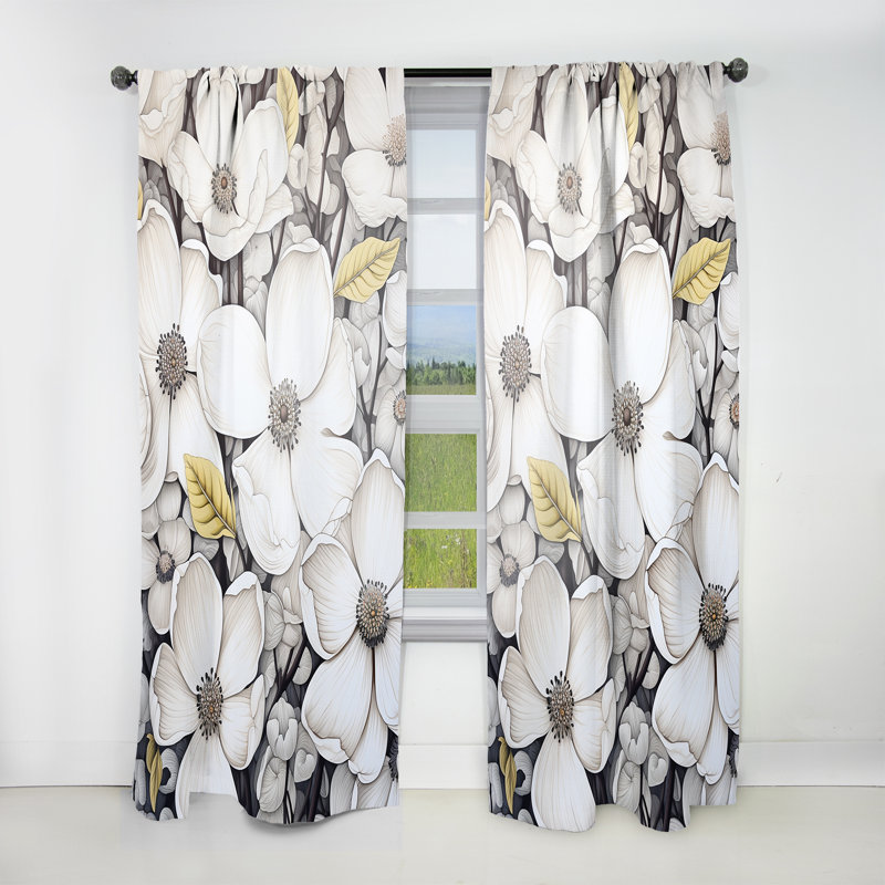 Black And White Dogwood Calmness II - Dogwood Curtain - Room Darkening Floral Curtain - 1 Panels, 52" W x 108" L