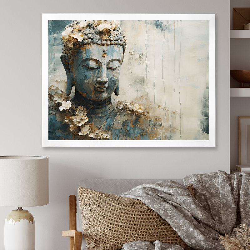 Religious Buddhism Statue On Canvas Print, 16" H x 32" W x 1" D, White Framed