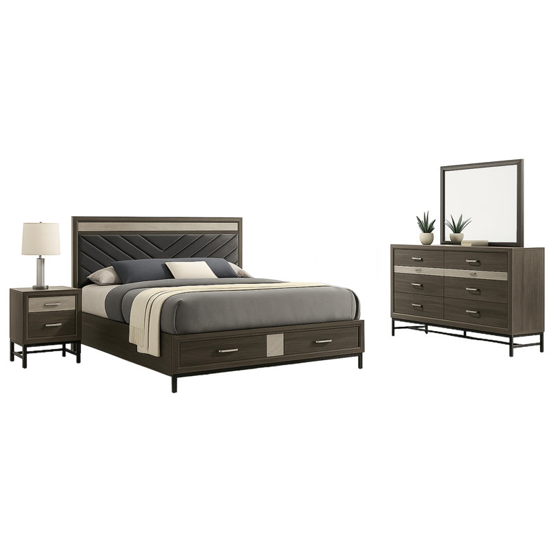 Ensemble de chambre avec grand lit 4 pièces Lito, revêtement gris, tiroirs de pied de lit, Brun