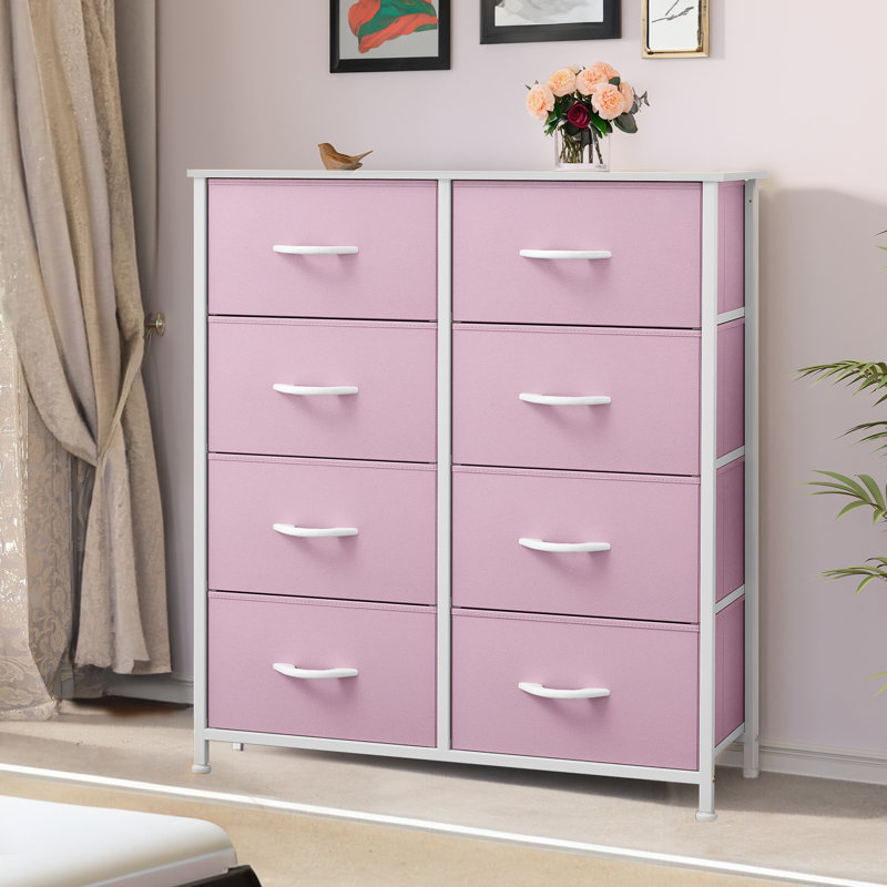 Commode double 8 tiroirs Kathiria, Rose/Blanc
