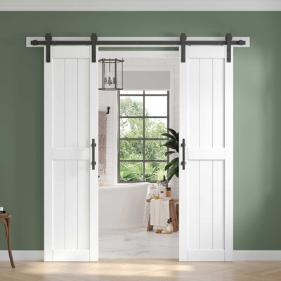 Paneled Manufactured Wood Double Barn Door with Installation Hardware Kit