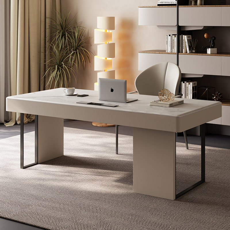 Bureau blanc et blanc en acier manufacturé + acier avec 3 tiroirs, H 29,53 po x l 70,87 po x P 27,56 po
