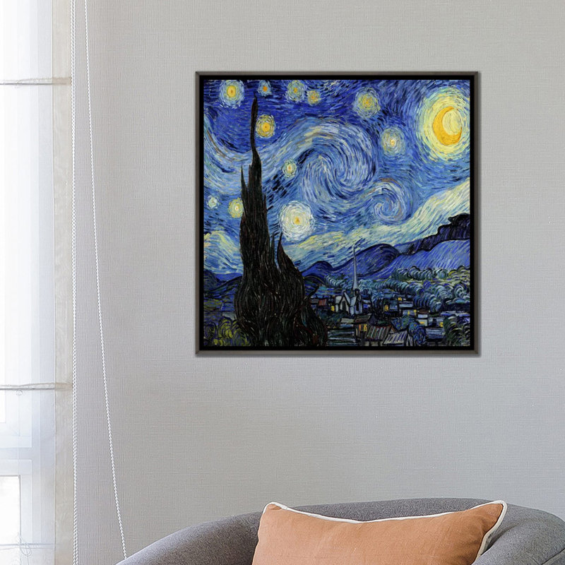 «The Starry Night» par Vincent Van Gogh - reproduction, H 26 po x l 26 po x P 1,5 po, Toile encadrée de bois rustique foncé