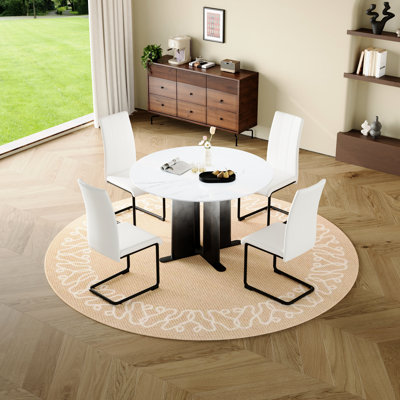 Table de salle à manger ronde en MDF à motif de marbre, table de cuisine compacte pour 2 à 4 personnes avec pieds dégradés blancs et base en croix pour les petits espaces