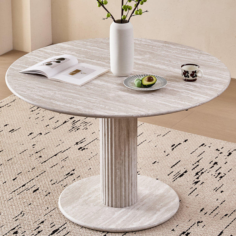 47" Round Dining Table For 4, [Cylinder Pedestal Base] [Stone-Patterned] Modern Circle Dinner Table For Kitchen Dining Room