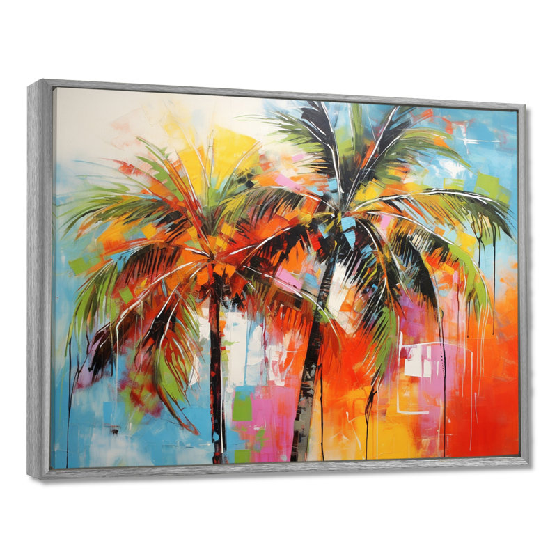 Popart Palm Trees I On Canvas Print, 30" H x 40" W x 1.5" D, Silver Floater Framed