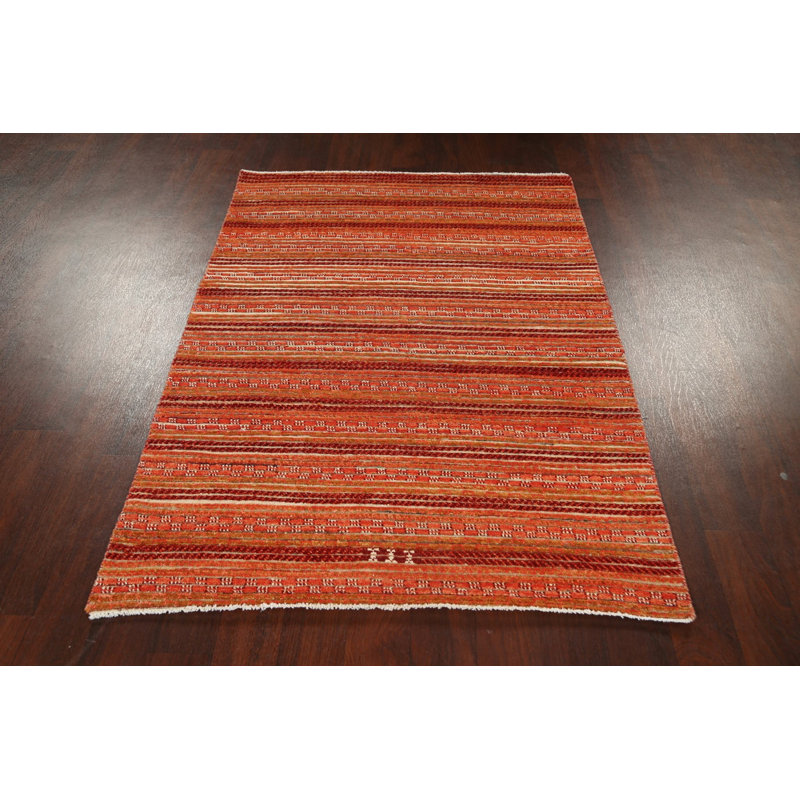 Tapis orange en laine noué à la main de conception unique 4 pi x 5 pi 9 po New Age